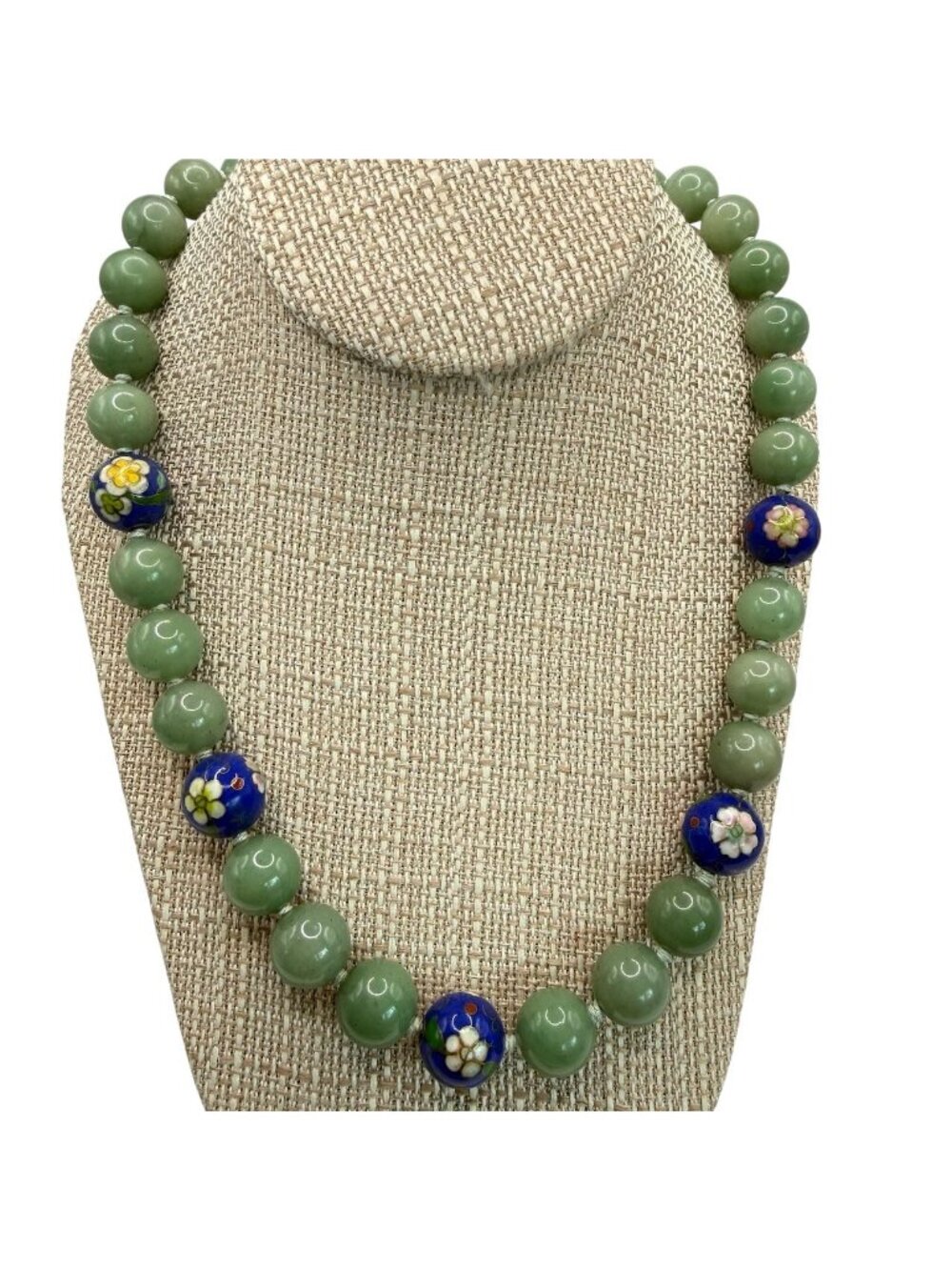 Vintage Chinese Jade & Cloisonné Bead Necklace 24" Nephrite Green Floral Accents